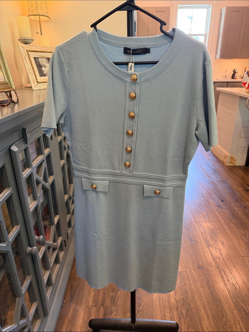 Short Sleeve Powder Blue Knit Midi Dress with Gold Buttons